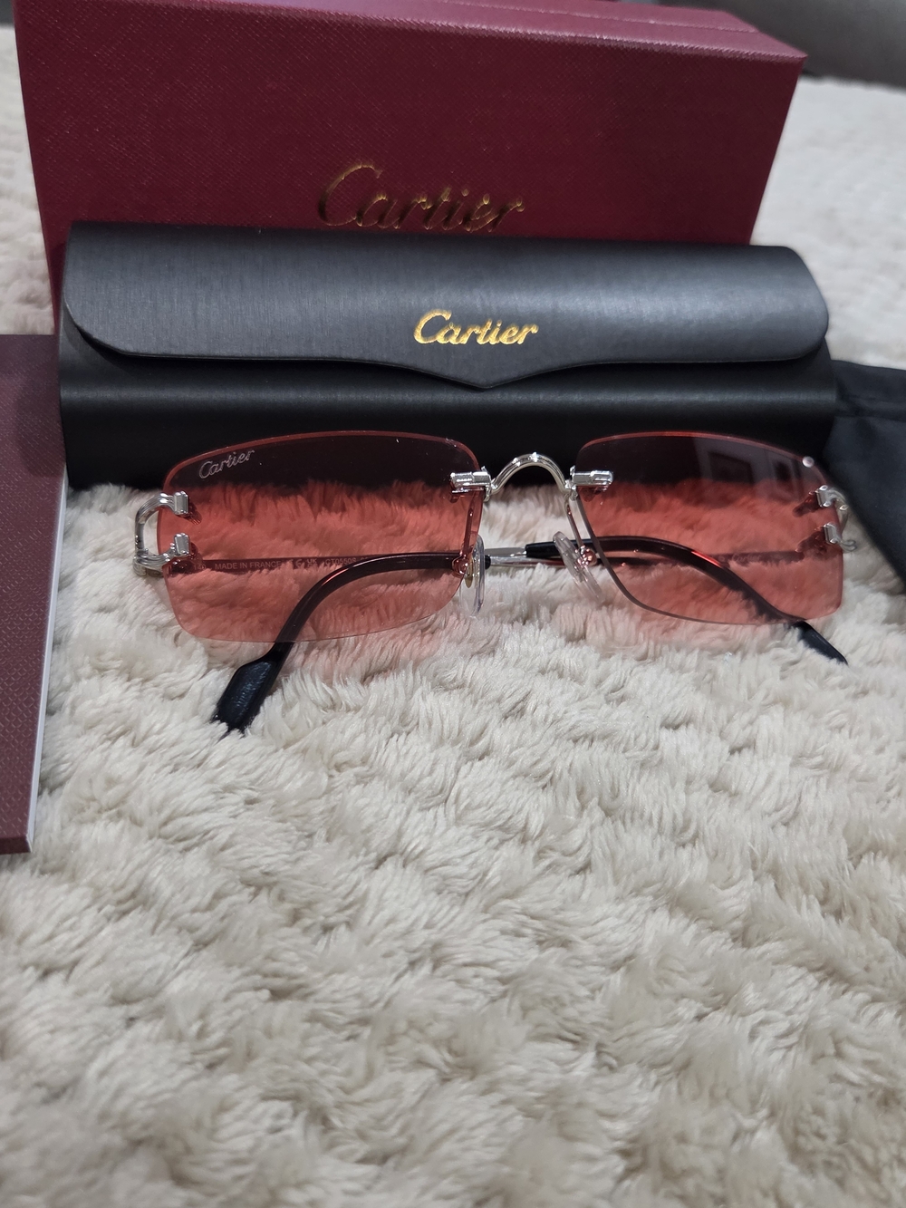 Cartier Men's Rimless Sunglasses - Pink Lenses, Silver Frame